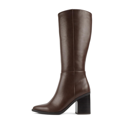 Bottes hautes marron à talon bloc et bout pointu, fermeture zippée pour femme