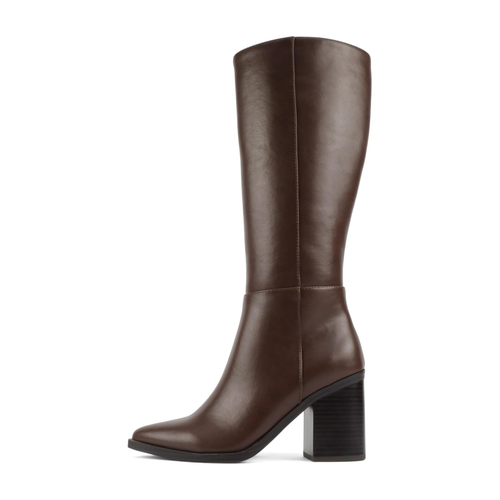 Bottes hautes marron à talon bloc et bout pointu, fermeture zippée pour femme
