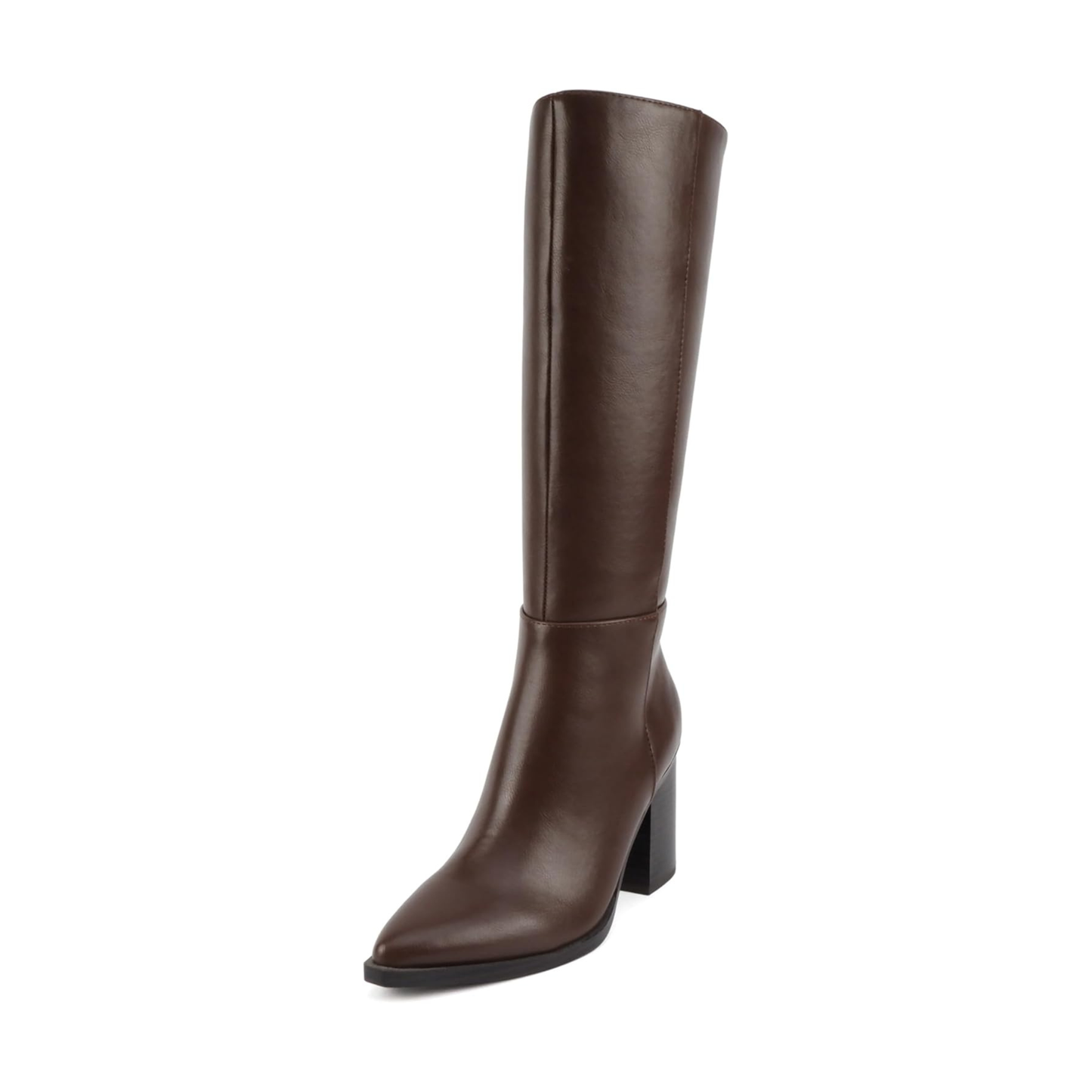 Bottes hautes marron à talon bloc et bout pointu, fermeture zippée pour femme