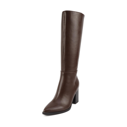 Bottes hautes marron à talon bloc et bout pointu, fermeture zippée pour femme