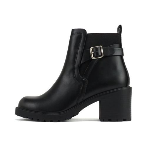 Bottines chelsea noires à talon bloc, semelle crantée et bride décorative pour femme