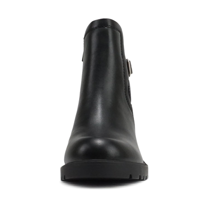 Bottines chelsea noires à talon bloc, semelle crantée et bride décorative pour femme