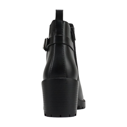 Bottines chelsea noires à talon bloc, semelle crantée et bride décorative pour femme