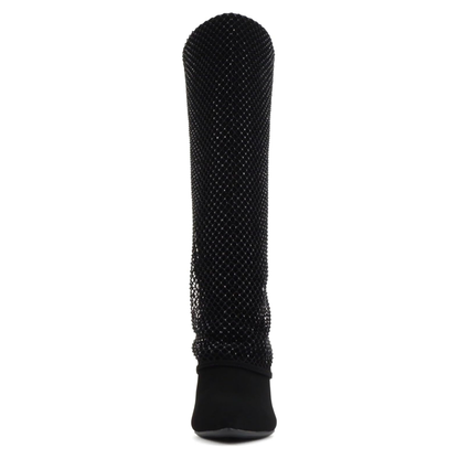Bottes hautes noires à talon fin et tige ornée de strass pour femme