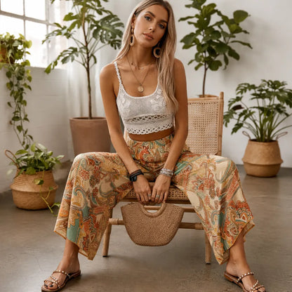 Calista Pantalon fluide été femme – Imprimé géométrique large