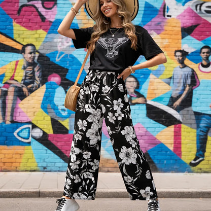 Édena Pantalon fluide été femme – Taille haute imprimé floral