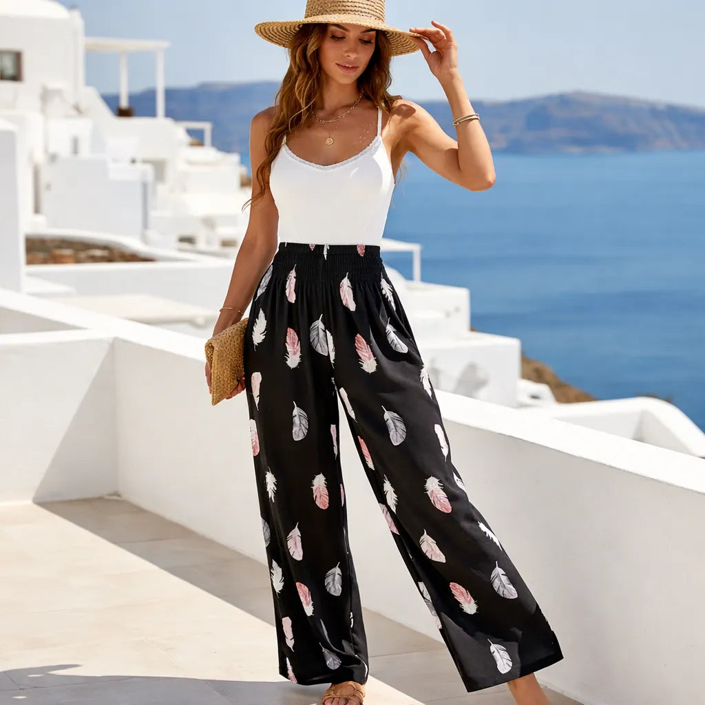 Aéria Pantalon fluide été femme – Imprimé plumes bohème