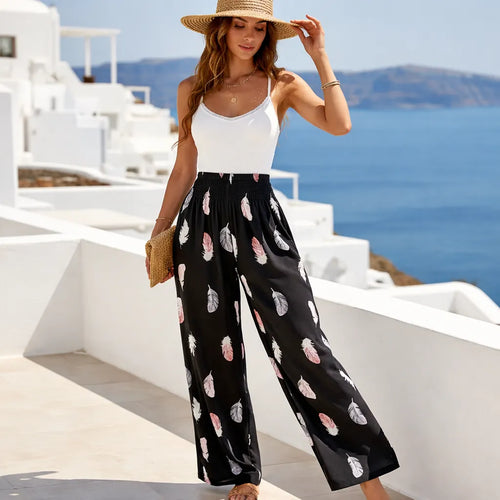 Aéria Pantalon fluide été femme – Imprimé plumes bohème