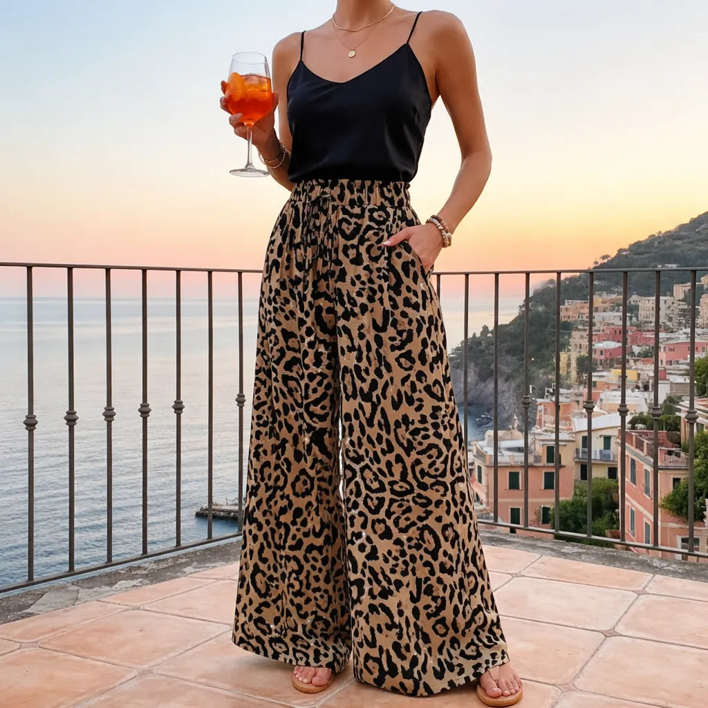 Léona Pantalon fluide large femme – Motif léopard élégant