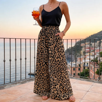 Léona Pantalon fluide large femme – Motif léopard élégant
