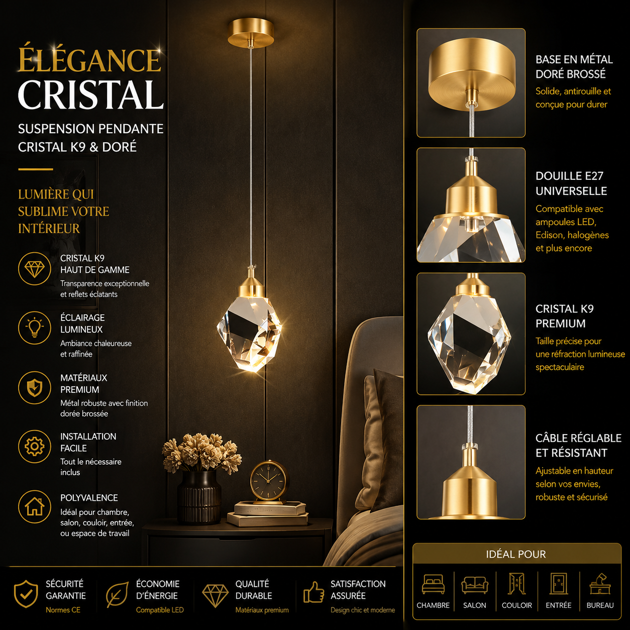 AURÉLIA | Lustre Salon Cristal LED Élégant pour Salle à Manger & Cuisine