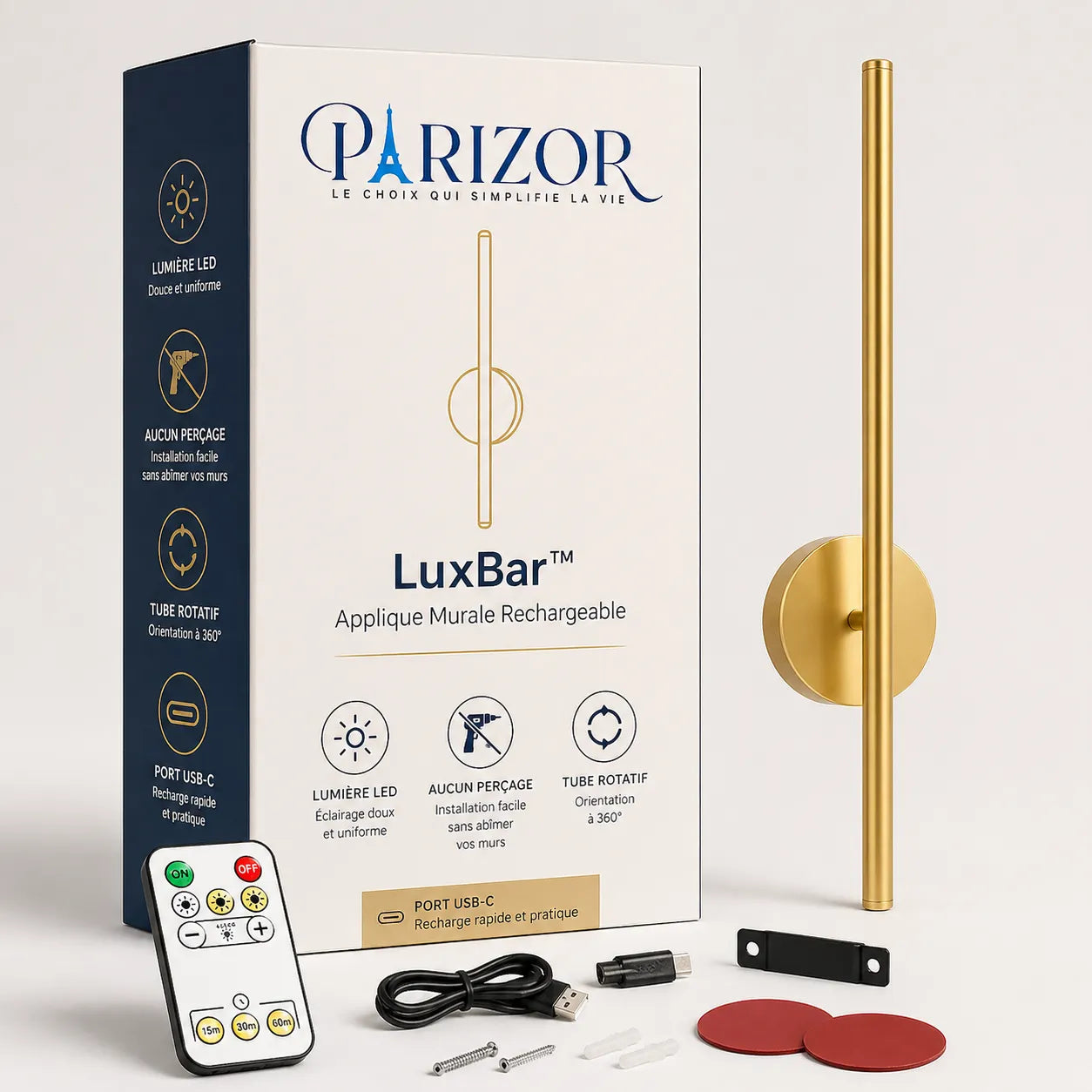 LuxBar Applique murale sans fil | Lampe murale LED rechargeable USB-C