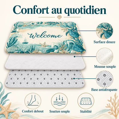Tapis d'Entrée Coastal Marina | Paillasson doux à motif tortue marine, antidérapant et absorbant