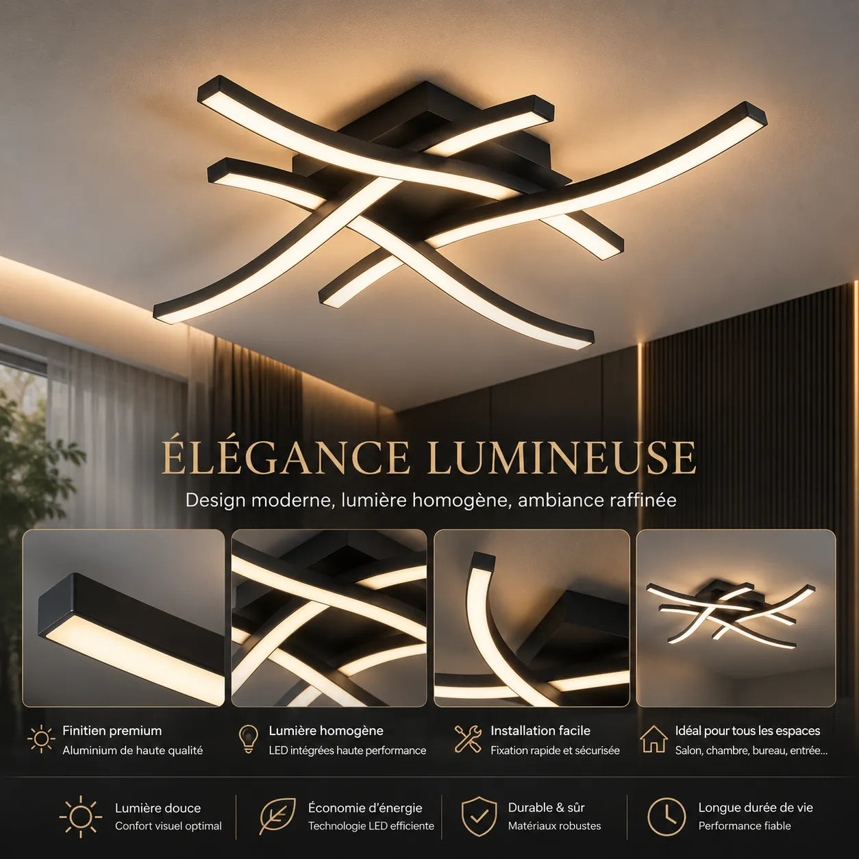 ÉLYSIA | Plafonnier à LED Incurvé Moderne pour Salon, Chambre et Cuisine