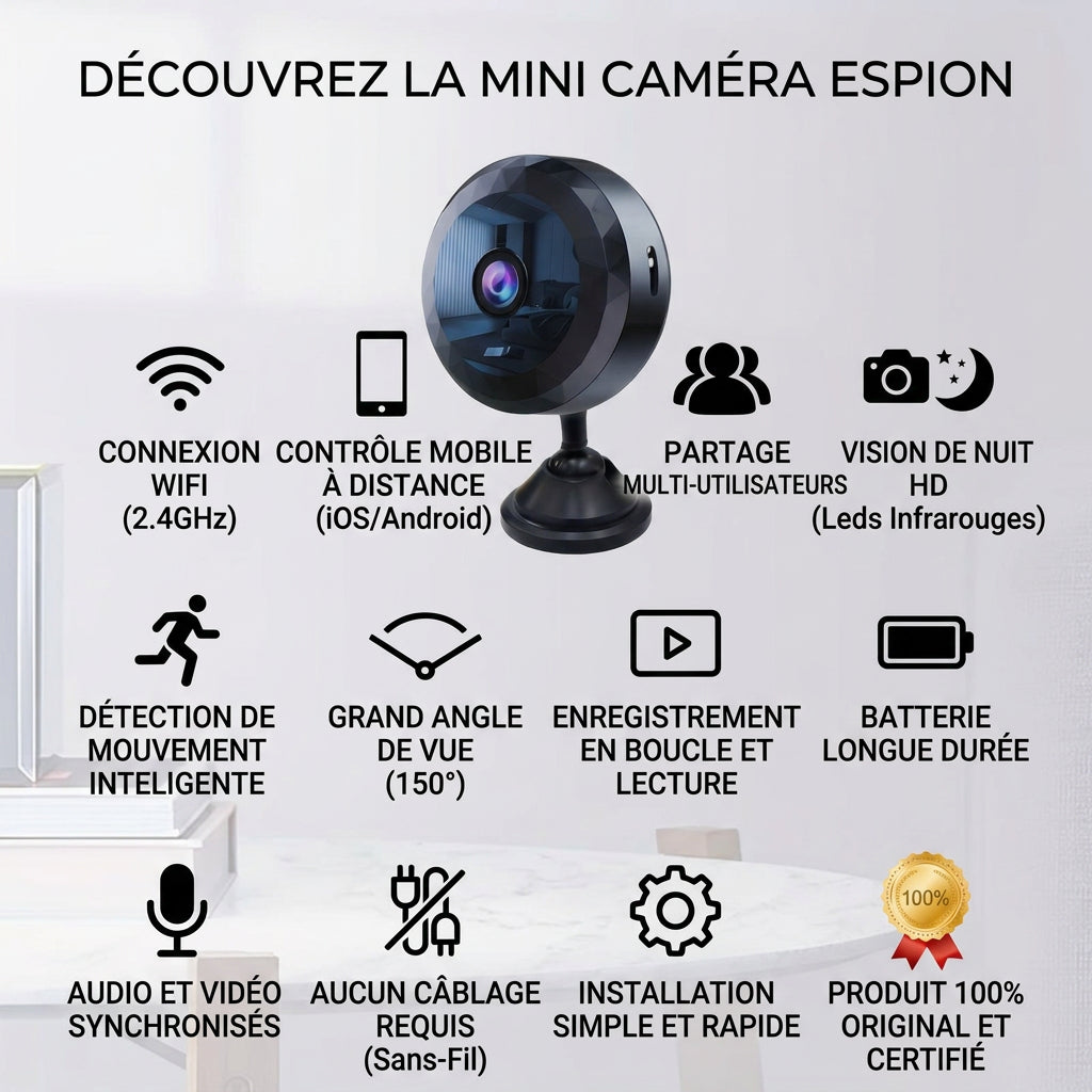 SecureCam - Mini caméra espion WiFi 1080P discrète | Surveillance maison intelligente