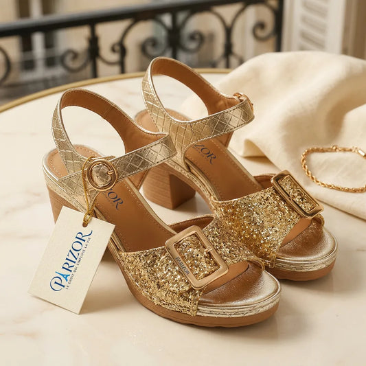 VELORA DORÉ™ | Sandales Dorées Femme Élégantes Été – Plateforme Confort Paillettes