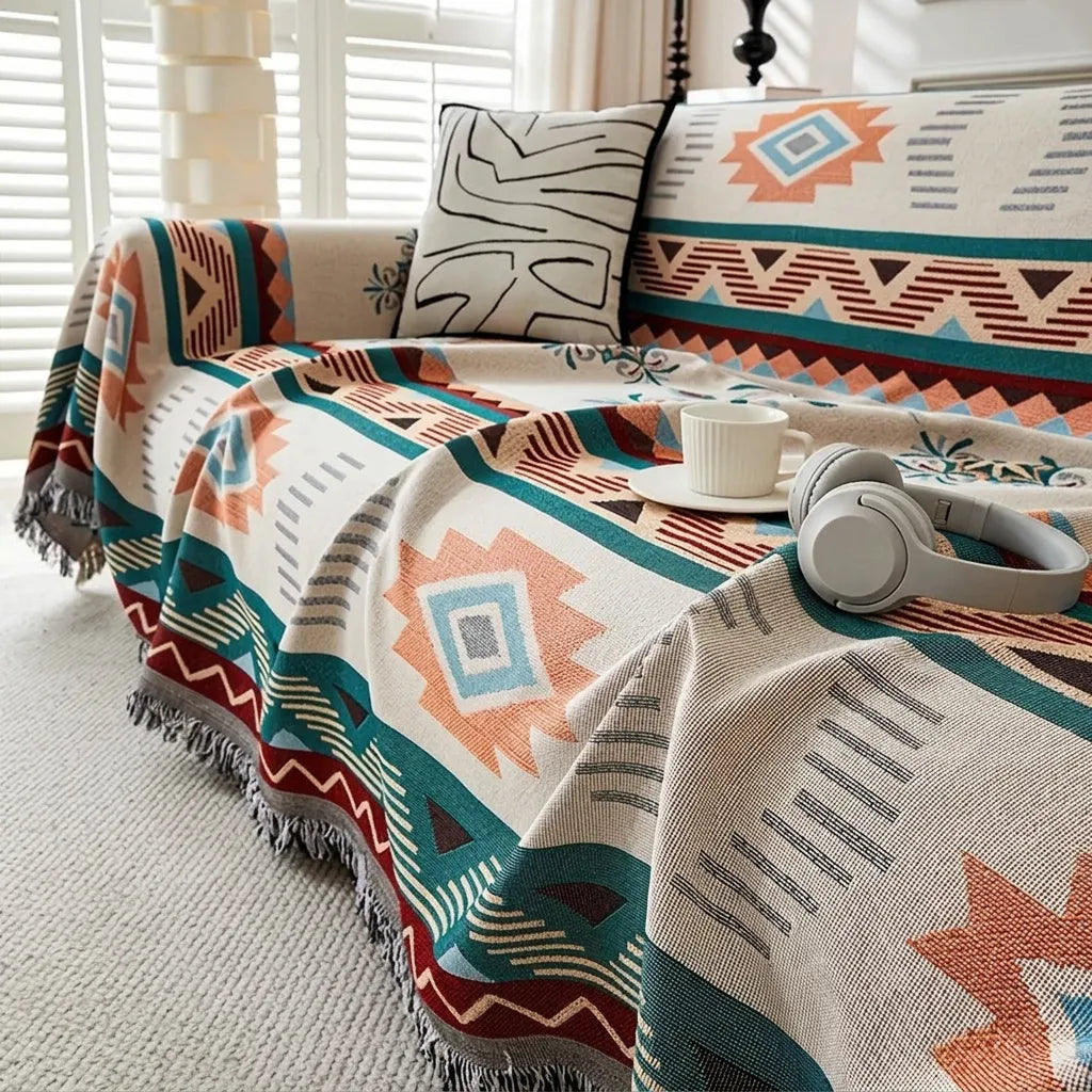 Housse de Canapé Ethnora | Jeté jacquard réversible motif ethnique