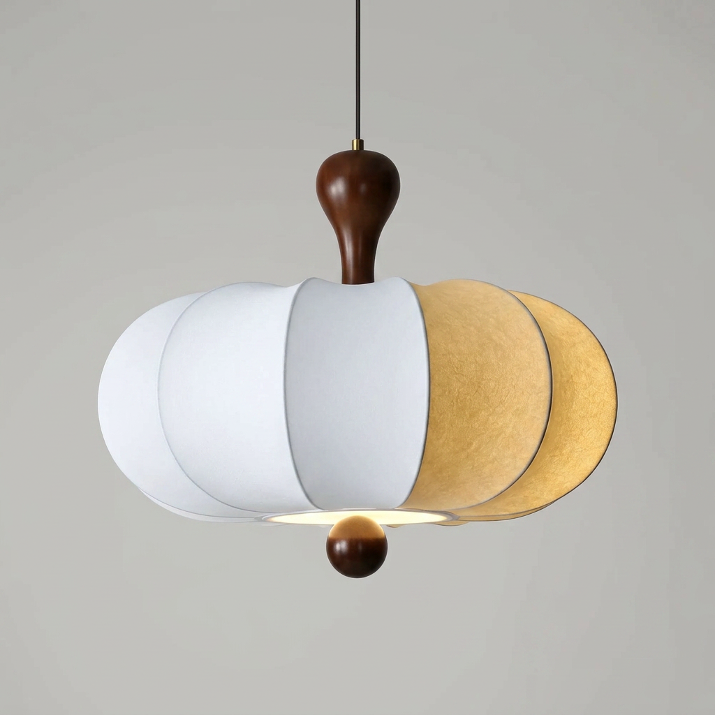 Suspension Noyer Élégance | Luminaire bois et tissu E27 blanc chaud