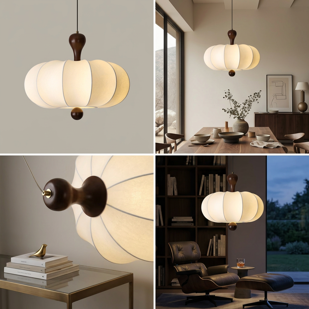 Suspension Noyer Élégance | Luminaire bois et tissu E27 blanc chaud