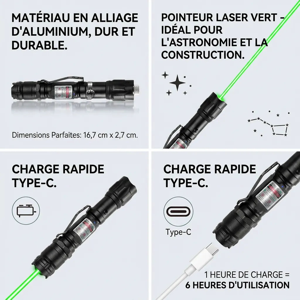 Pointeur Laser GreenBeam | Laser vert rechargeable 532 nm en aluminium