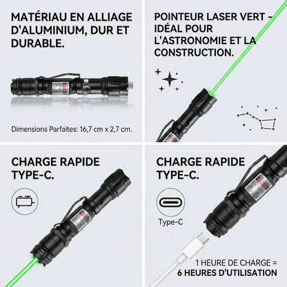 Pointeur Laser GreenBeam | Laser vert rechargeable 532 nm en aluminium