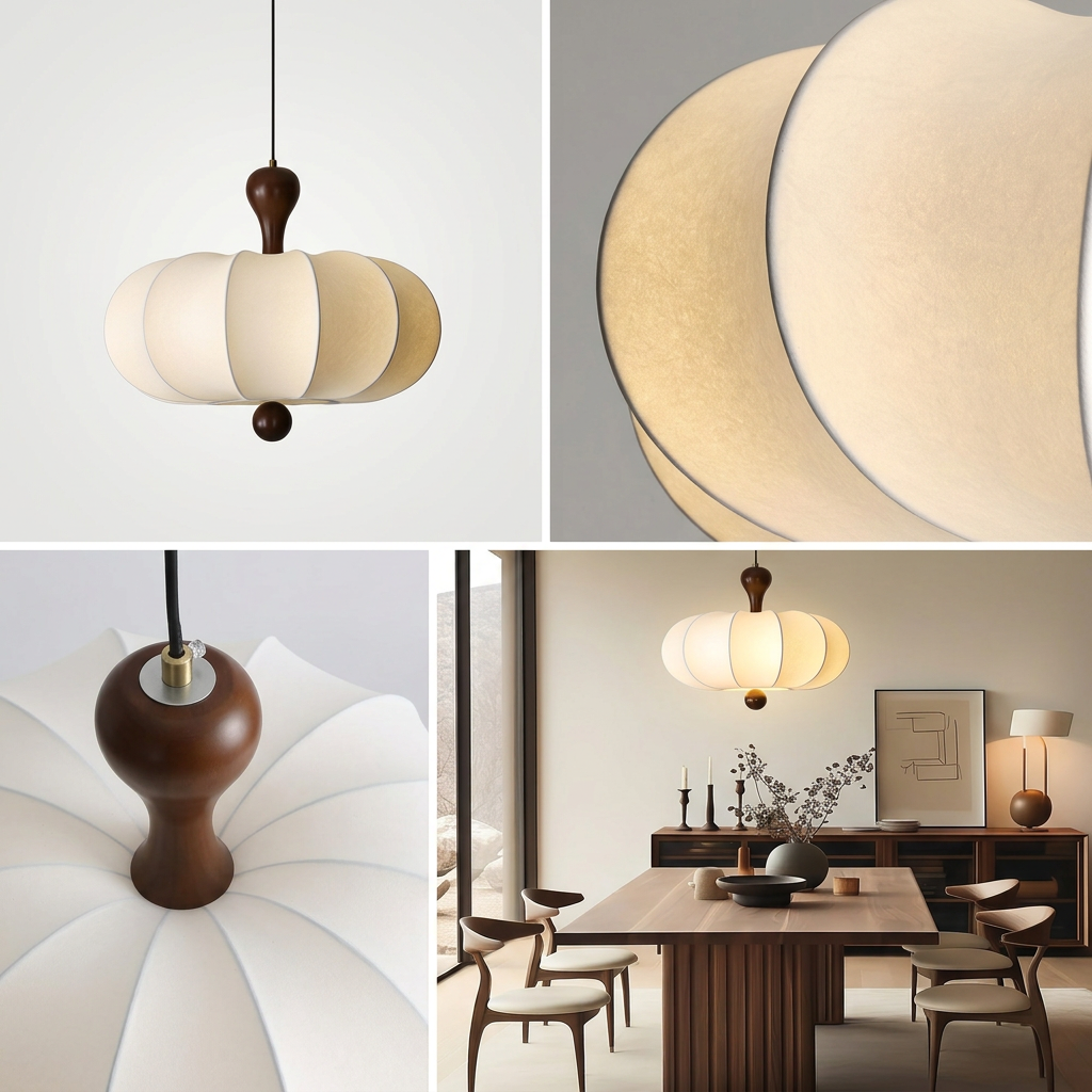 Suspension Noyer Élégance | Luminaire bois et tissu E27 blanc chaud
