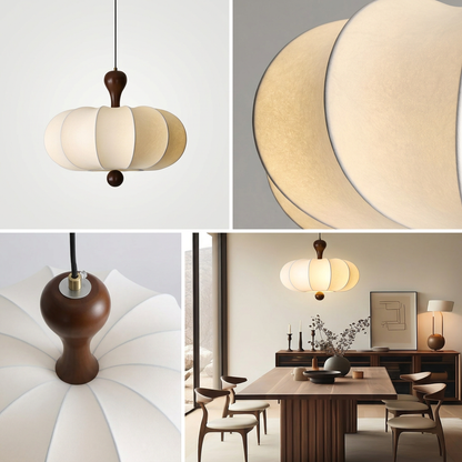 Suspension Noyer Élégance | Luminaire bois et tissu E27 blanc chaud