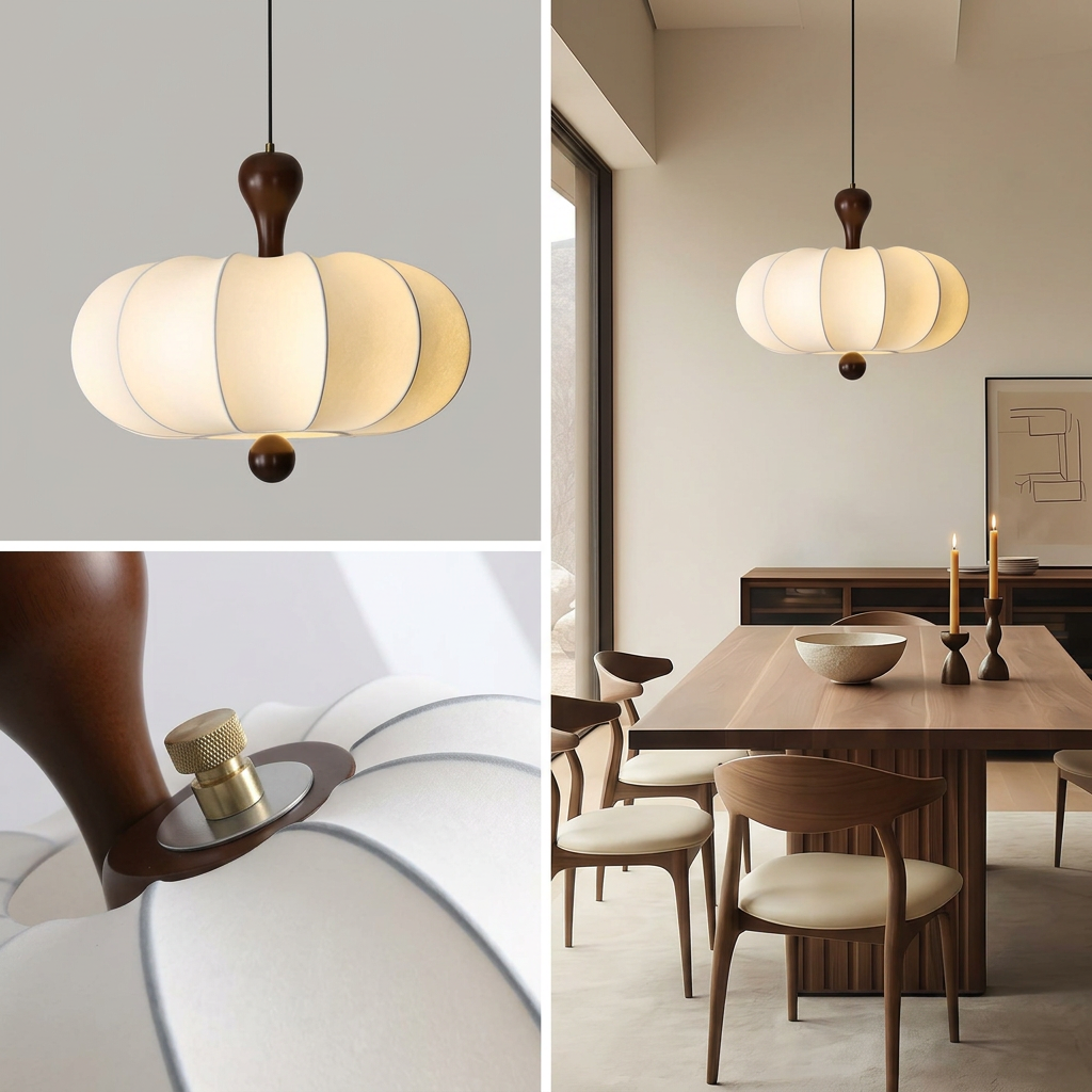 Suspension Noyer Élégance | Luminaire bois et tissu E27 blanc chaud