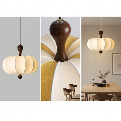 Suspension Noyer Élégance | Luminaire bois et tissu E27 blanc chaud