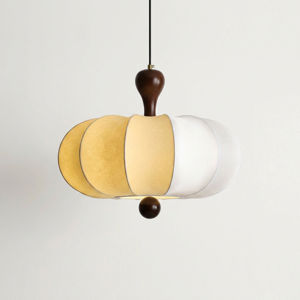 Suspension Noyer Élégance | Luminaire bois et tissu E27 blanc chaud