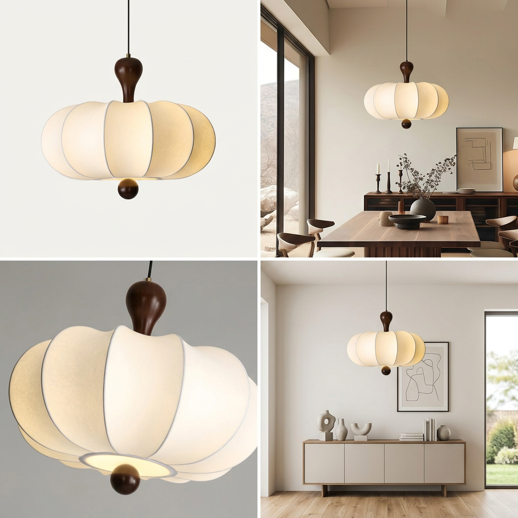 Suspension Noyer Élégance | Luminaire bois et tissu E27 blanc chaud