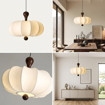 Suspension Noyer Élégance | Luminaire bois et tissu E27 blanc chaud