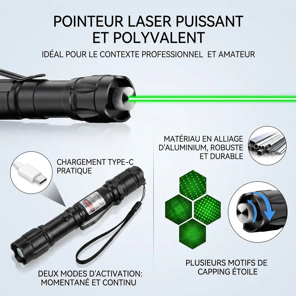 Pointeur Laser GreenBeam | Laser vert rechargeable 532 nm en aluminium