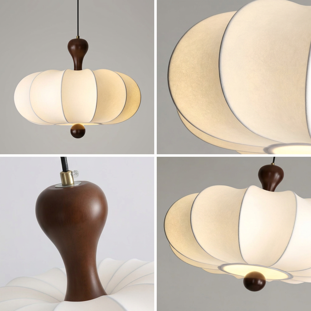 Suspension Noyer Élégance | Luminaire bois et tissu E27 blanc chaud