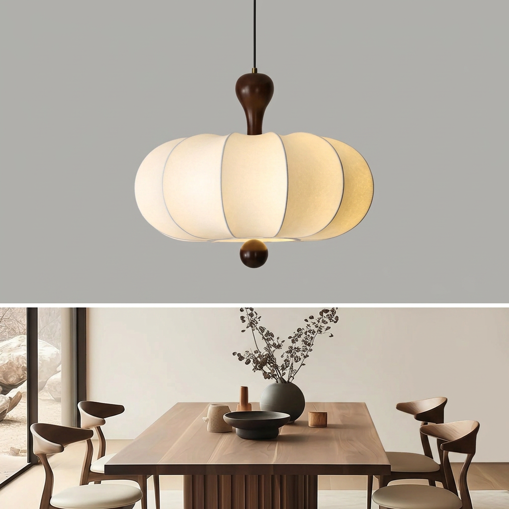Suspension Noyer Élégance | Luminaire bois et tissu E27 blanc chaud