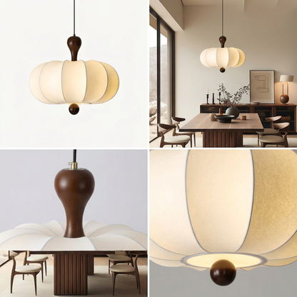 Suspension Noyer Élégance | Luminaire bois et tissu E27 blanc chaud