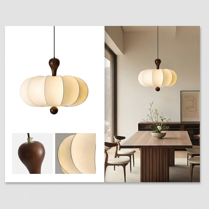 Suspension Noyer Élégance | Luminaire bois et tissu E27 blanc chaud