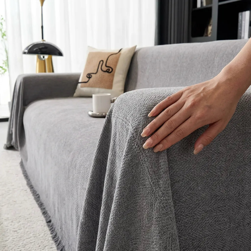 Housse de Canapé Chenya | Plaid-housse chenille chevrons antidérapant anti-griffures