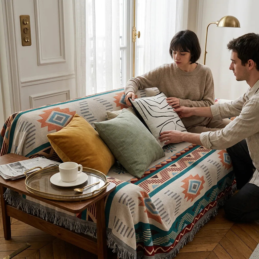 Housse de Canapé Ethnora | Jeté jacquard réversible motif ethnique