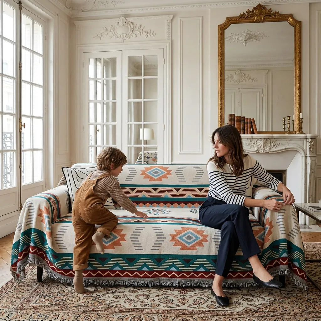 Housse de Canapé Ethnora | Jeté jacquard réversible motif ethnique