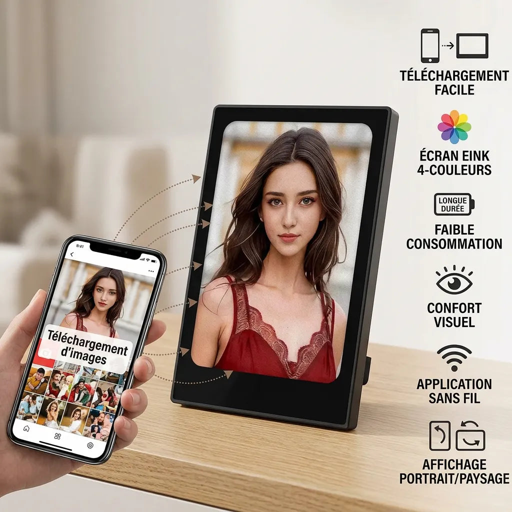 Cadre Photo Numérique Inko | Cadre numérique e-ink Bluetooth 4", magnétique