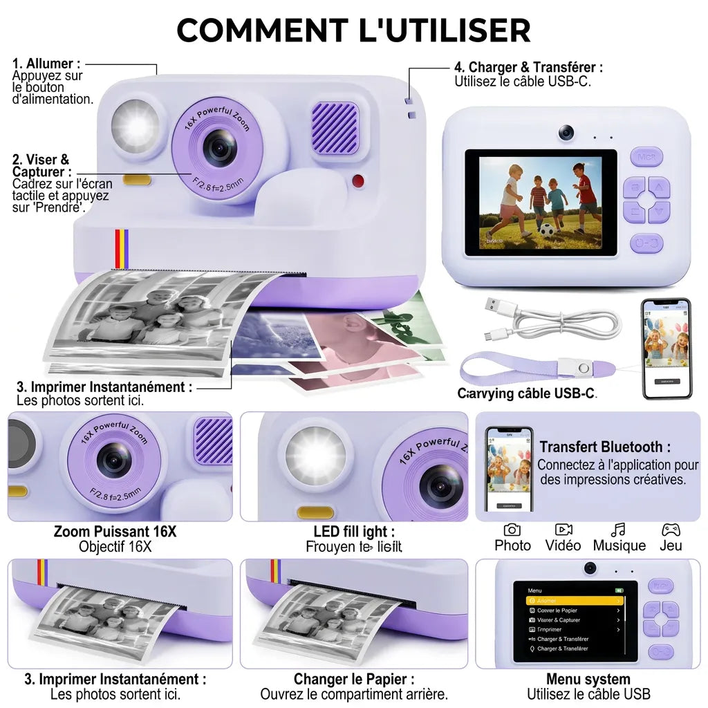 Appareil Photo Enfant Snapio | Imprimante photo portable intégrée, double objectif et impression instantanée