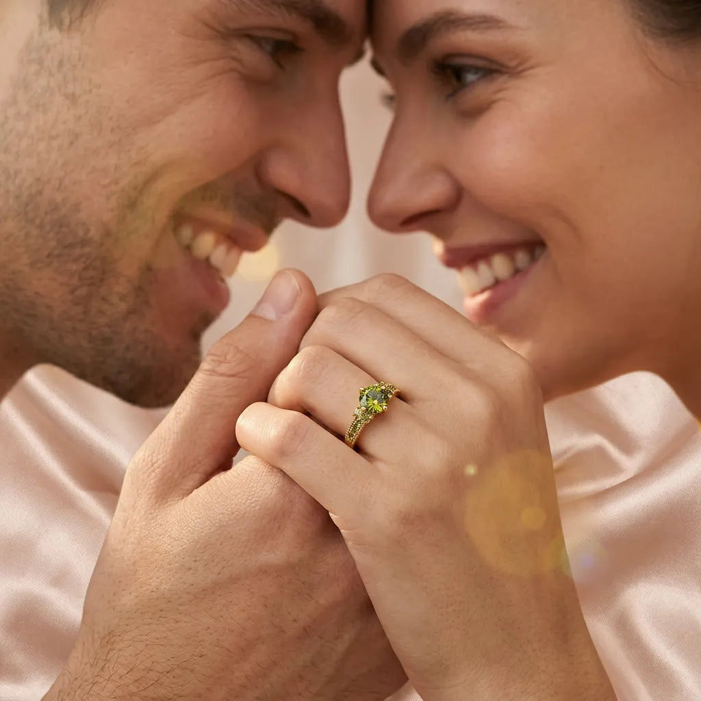 Bague Olivine | Bague pour femme en zircon vert olive, couleur or, sertissage à griffes