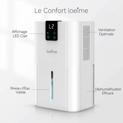 Déshumidificateur d'Air LOEFME | 750 ML/jour, réservoir 2,8 L, écran LED