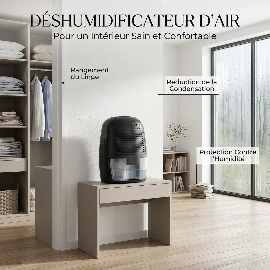 Déshumidificateur Électrique Sécaria | Absorbeur d'humidité compact, réservoir 500 ML, arrêt automatique