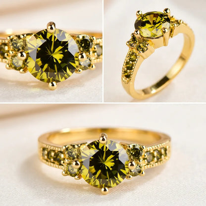 Bague Olivine | Bague pour femme en zircon vert olive, couleur or, sertissage à griffes
