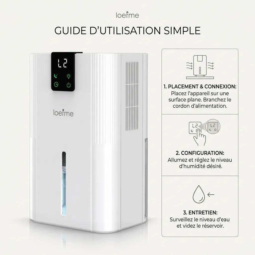 Déshumidificateur d'Air LOEFME | 750 ML/jour, réservoir 2,8 L, écran LED