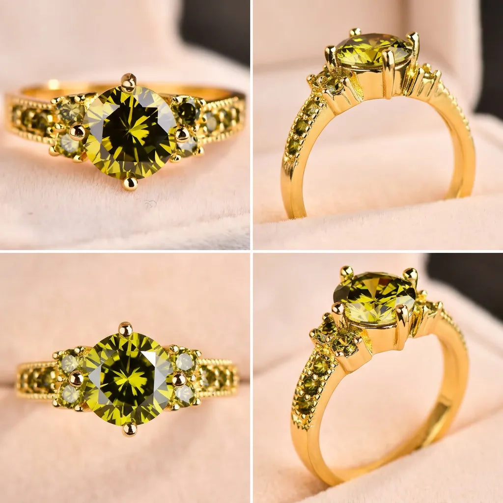 Bague Olivine | Bague pour femme en zircon vert olive, couleur or, sertissage à griffes