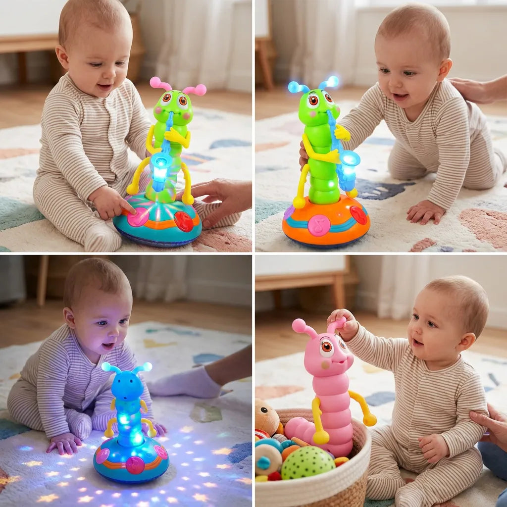 Doudou pour Bébé Musical Wiggly | Jouet Chenille dansante au saxophone à lumières