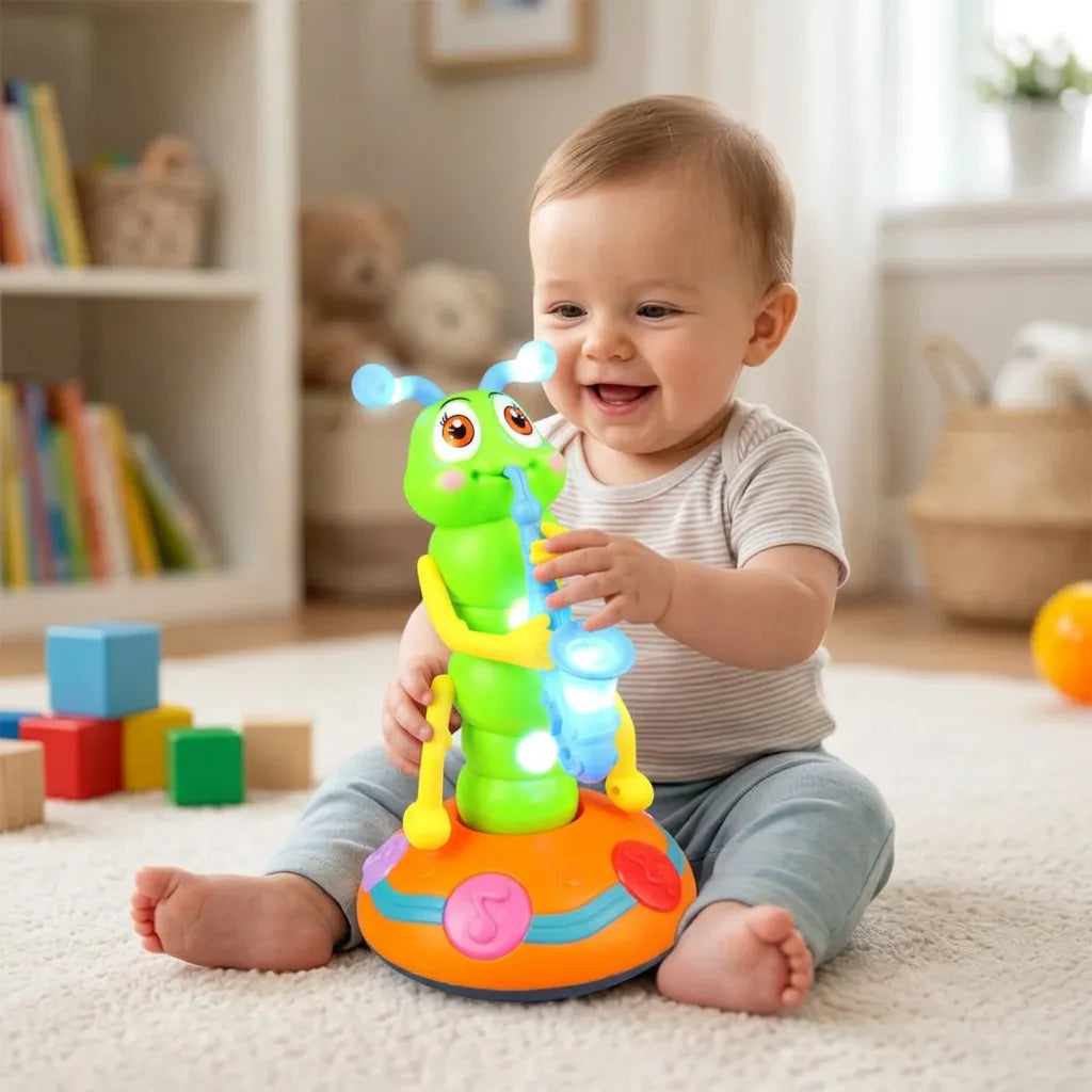 Doudou pour Bébé Musical Wiggly | Jouet Chenille dansante au saxophone à lumières